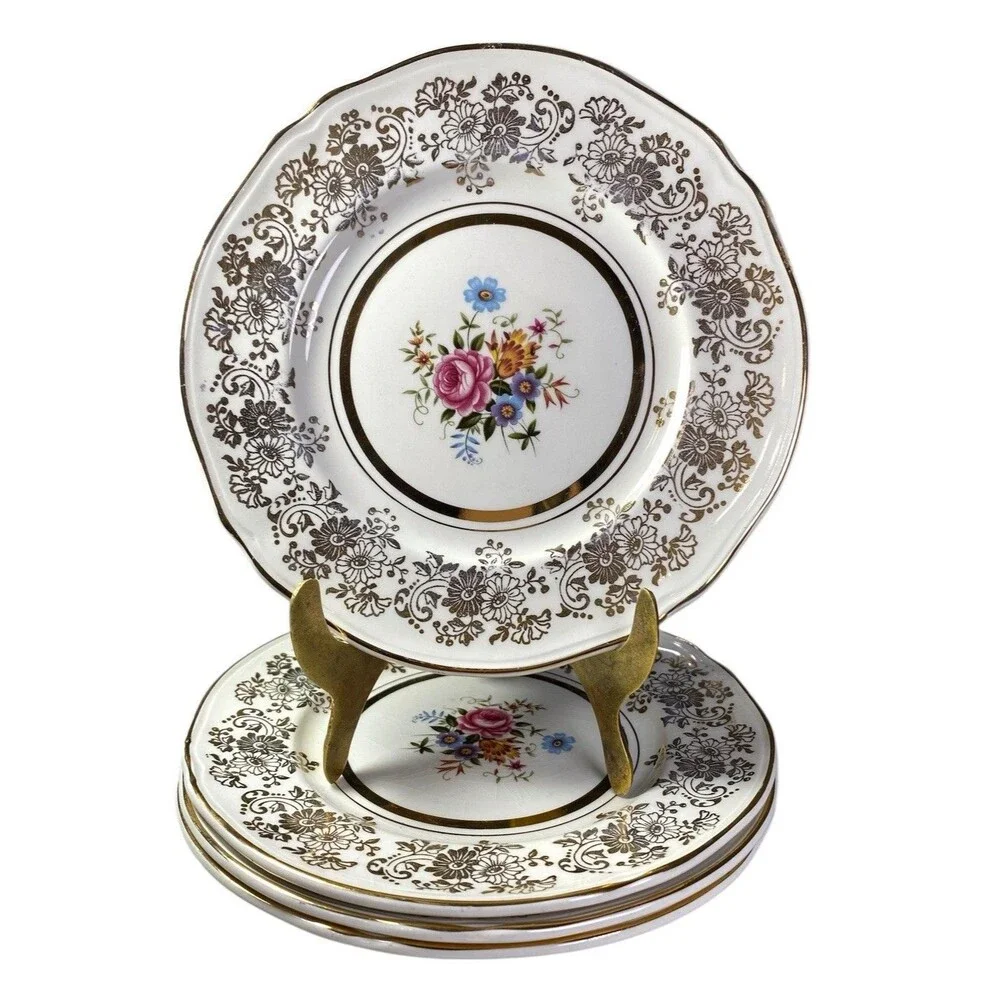 Vintage Alfred Meakin Golden Posy Dessert Plates 6.5” Set of 4 22K Gold England